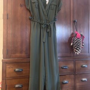 Japna Olive Green Belted Jumpsuit